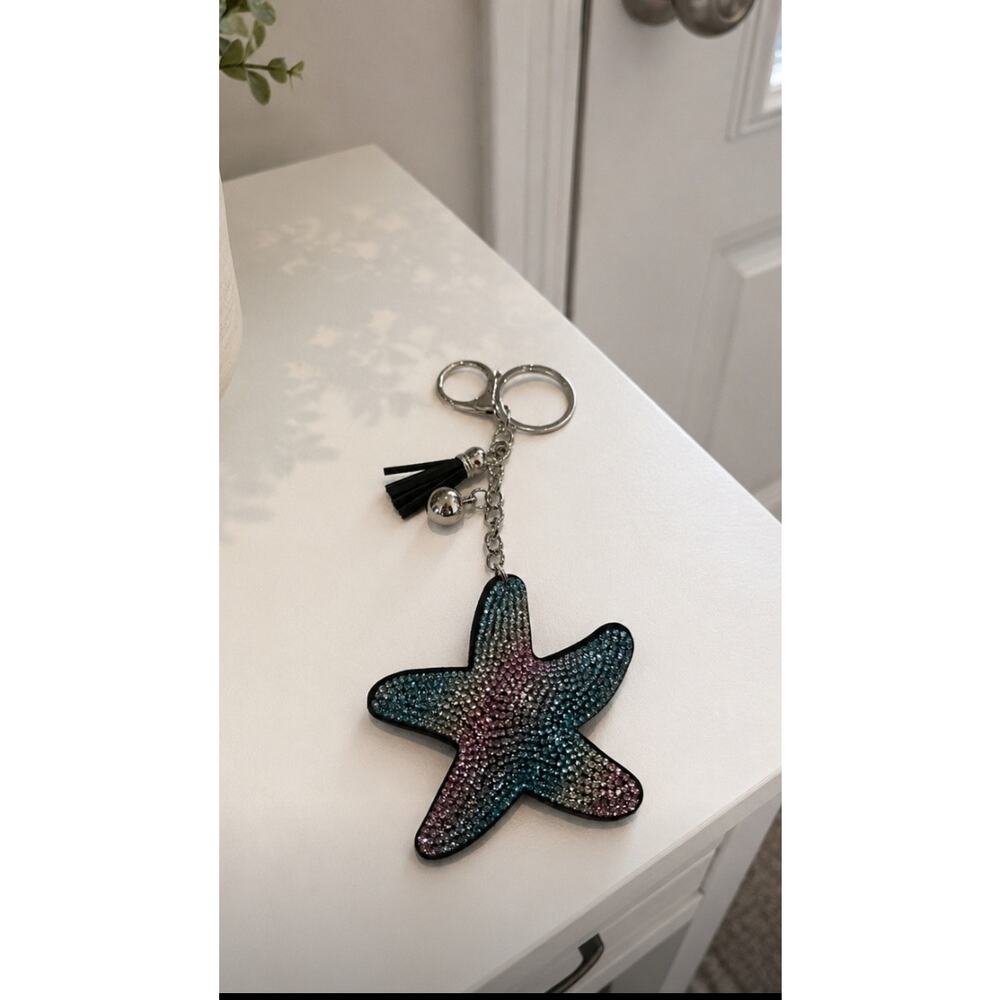 Black Colorful Rhinestone Starfish Bag Charm Key Chain New